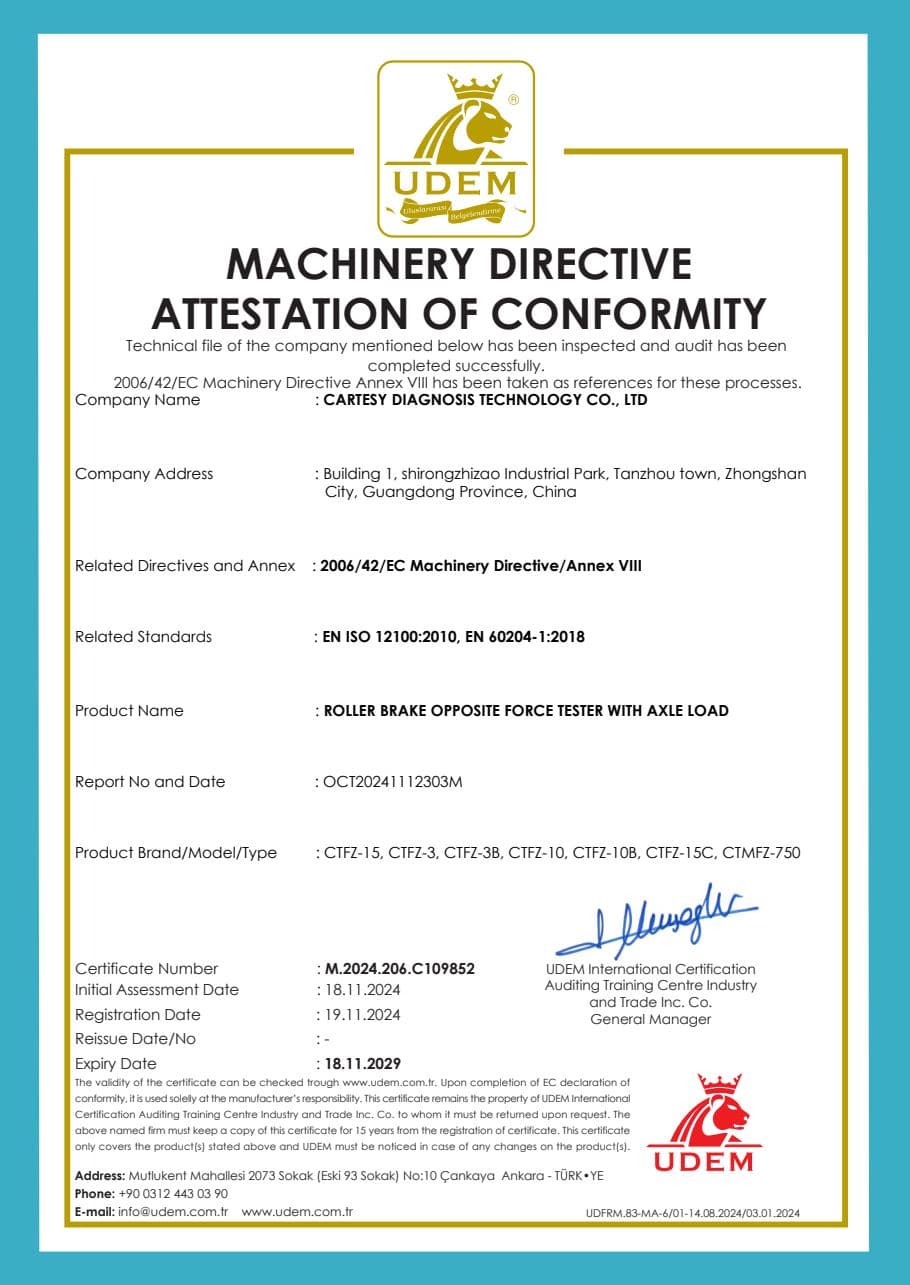 First page of the Brake tester CE Declaration of Conformity.