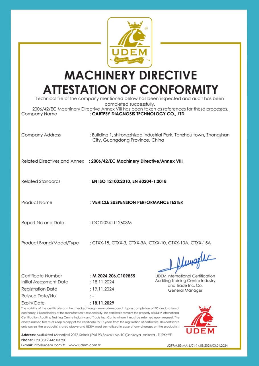 First page of the Suspension tester CE Declaration of Conformity.